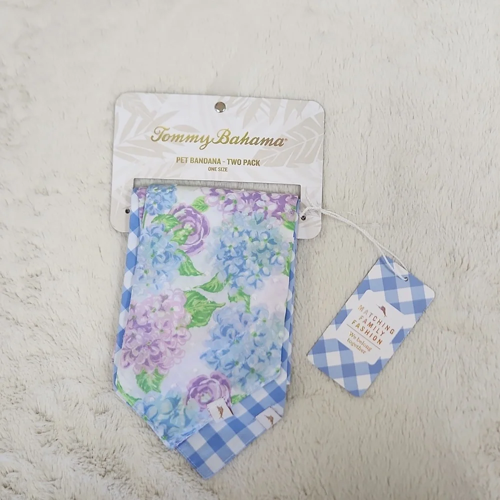 NEW Tommy Bahama Pet Dog Bandana Scarf Set Two-Pack Floral and Gingham Blue